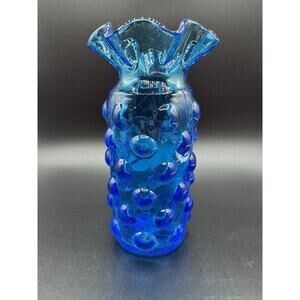 Bischoff Glass Bubble Vase Blue Ruffled Top Vintage Hand Blown
